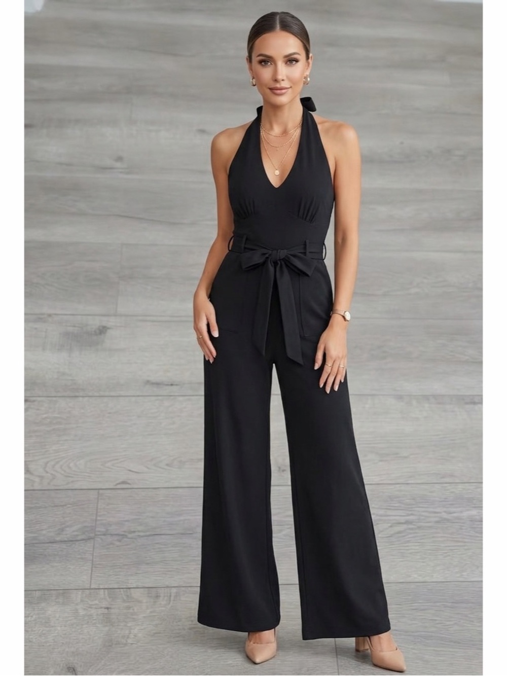 Collectif London Wide-Leg Halter Bella Jumpsuit Belted Black Sz 8 NWT